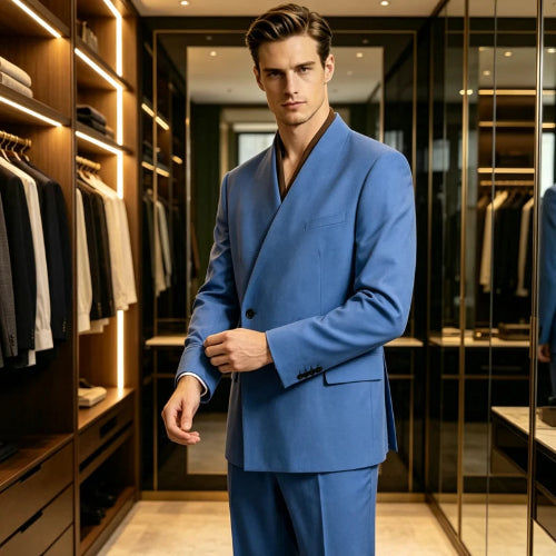 A man wearing a tailored blue suit stands in a modern walk-in closet with wood shelving, hanging suits, and warm lighting. The product appears to be the suit jacket 