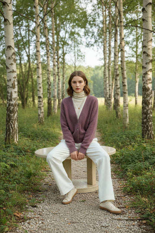A person wearing a soft fuzzy cardigan in a muted dusty mauve-pink color over a cream turtleneck sweater 