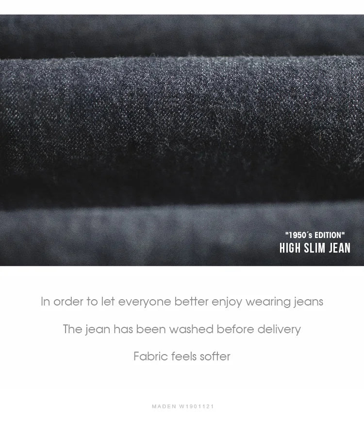 Stack of dark gray jeans with text about fabric softness and washing process.