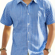 Man wearing a blue and white checkered shirt on a white background