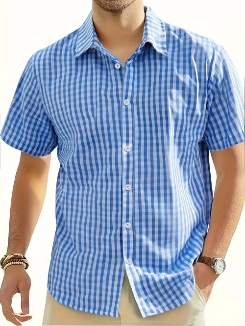 Man wearing a blue and white checkered shirt on a white background