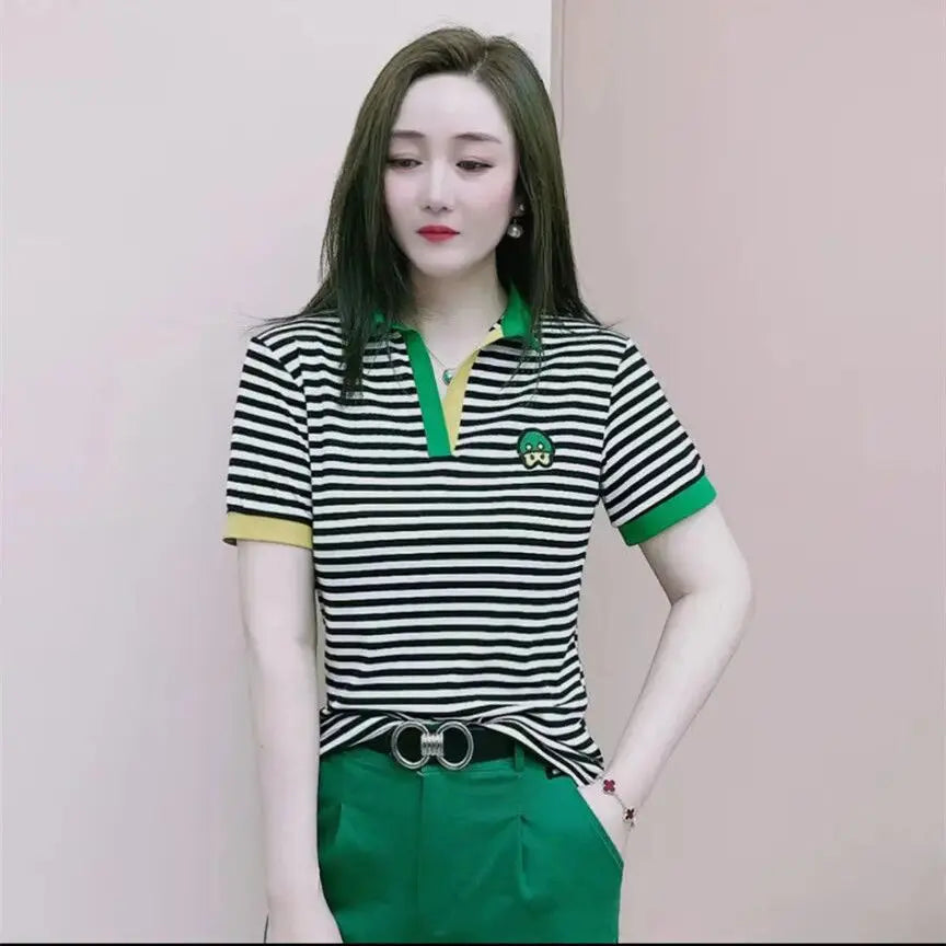 Clothing Plain Polo Neck Shirts for Women Flower T-shirt Woman Short Sleeve Tee Tops Y2k Fashion Korean Style Youth Polyester V