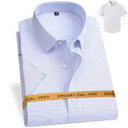 Blue striped shirt with a yellow label on a white background