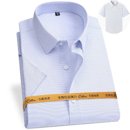 Blue striped shirt with a yellow label on a white background