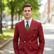 Red suit jacket and pants on a mannequin with a green tie and pocket square against a white background