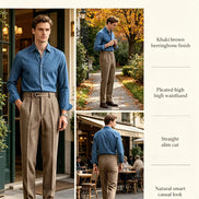 Promotional collage showing the khaki brown herringbone pleated suit trousers