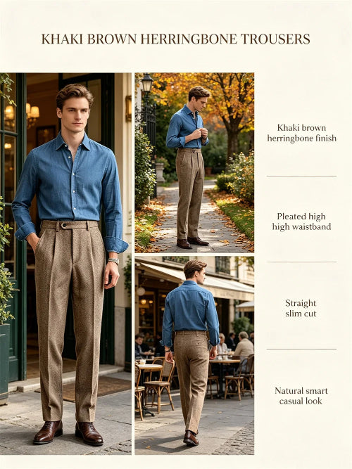 Promotional collage showing the khaki brown herringbone pleated suit trousers