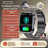 Smartwatch with features listed on a beige background