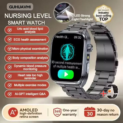 Smartwatch with features listed on a beige background
