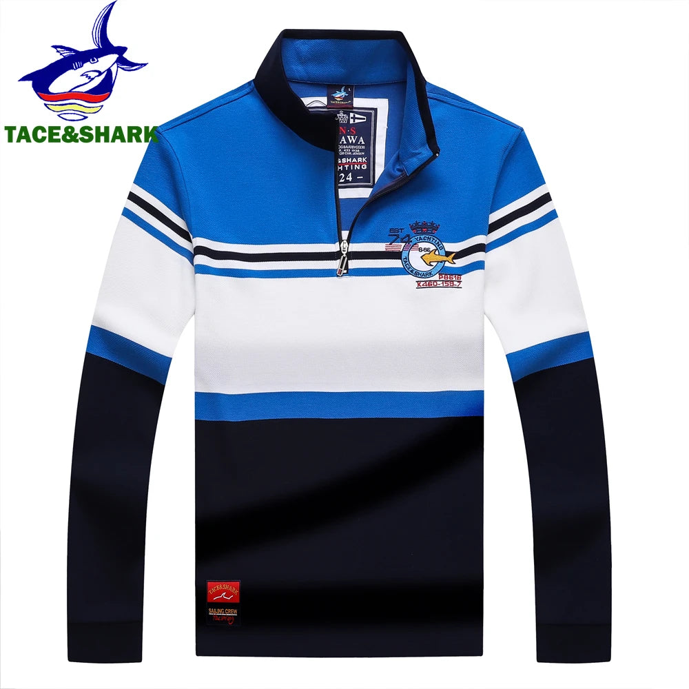 TACE&SHARK Brand Shark Fashion Men‘s Long Sleeve Stand Collar Polo Shirt Striped Breathable Cotton Casual Wear Business Style