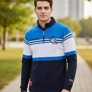 Long-sleeve shirt with blue, white, and black stripes on a white background