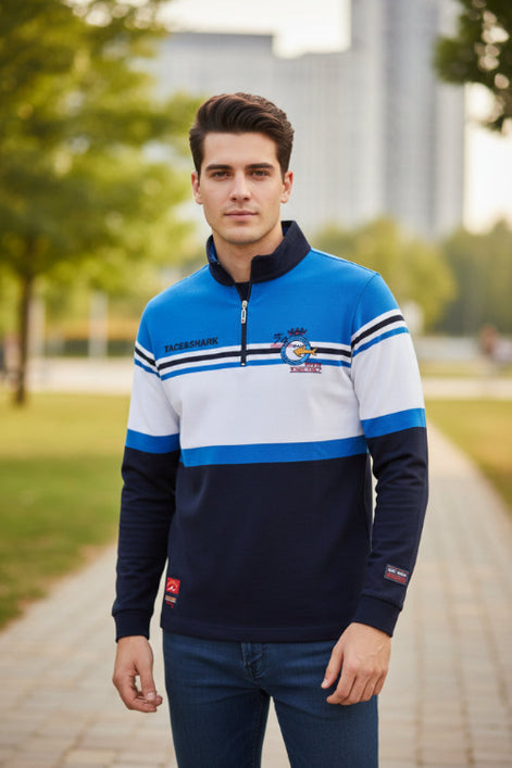 Long-sleeve shirt with blue, white, and black stripes on a white background