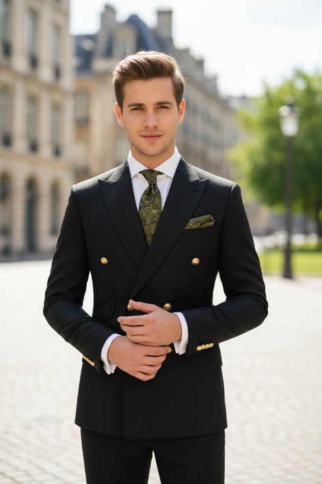 Brown suit jacket with gold buttons and matching pants on a white background