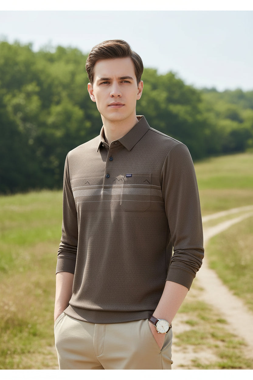 A man wearing a long-sleeve collared knit polo shirt in camel brown, paired with light beige trousers. The image features a 'Camel' color label in the top-left corner and a 'Model display/products' banner at the top.