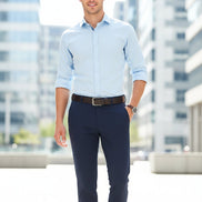 Navy blue pants with a brown belt on a gray background