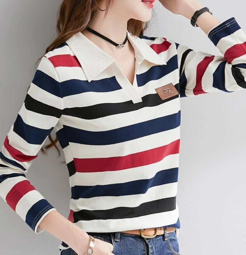 Slimming Striped Polo T-Shirt for Women 100% Cotton Long Sleeve Innerwear for 2026 Transitional Wardrobe