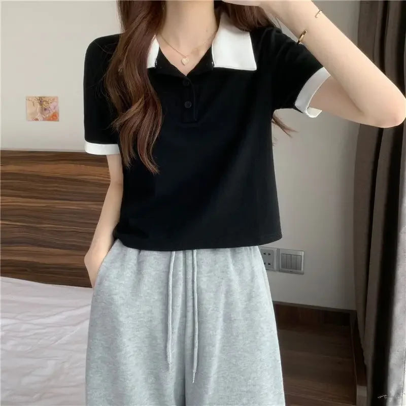 Plain Female Tee Slim Women's Polo Shirts T-shirts Short Sleeve T-shirt in Trend 2025 Youthful Clothes Korean Clothing Elegant