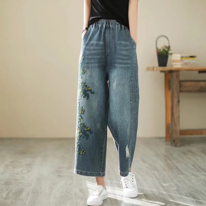 Spring Summer Ethnic Style Vintage Floral Embroidery Denim Wide Leg Pants Women High Elastic Waist Hole Casual Straight Jeans