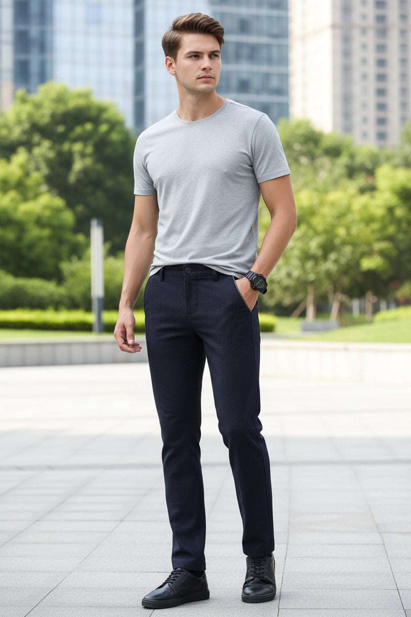 Navy blue pants with a close-up of a pocket label on a gray background