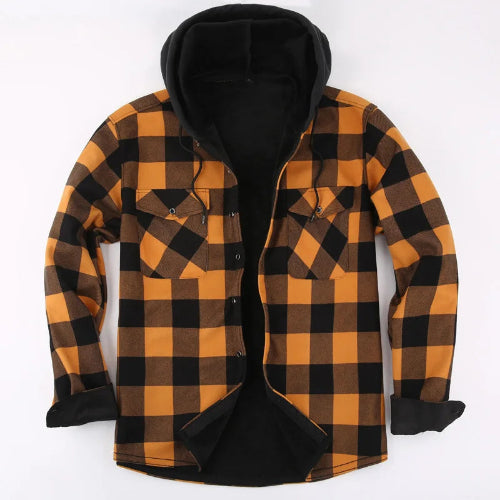 Plaid jacket with black hood on a white background