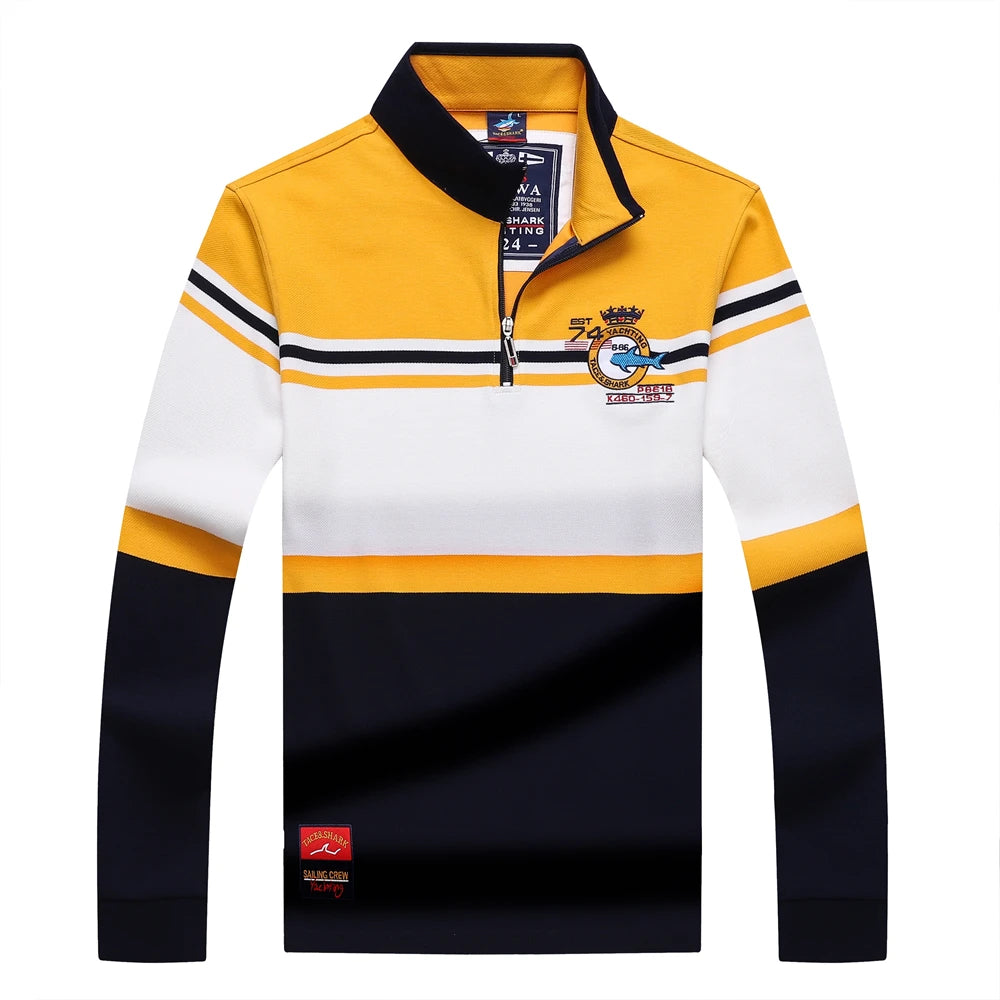 TACE&SHARK Brand Shark Fashion Men‘s Long Sleeve Stand Collar Polo Shirt Striped Breathable Cotton Casual Wear Business Style