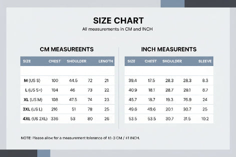 Size chart comparing US and CN sizes with measurements in centimeters and inches.