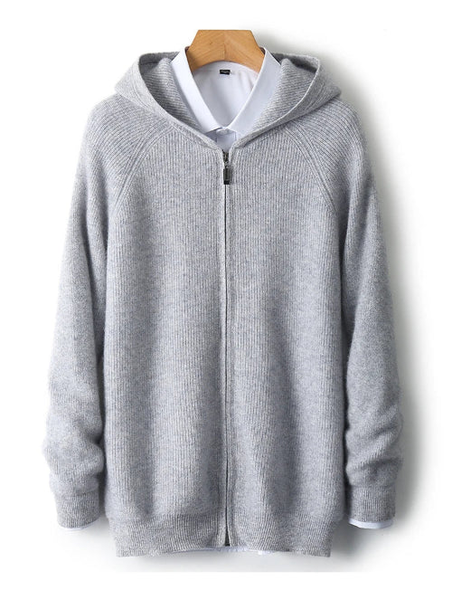Gray zip-up hoodie on a wooden mannequin against a white background