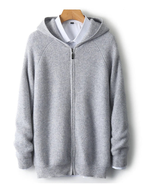 Gray zip-up hoodie on a wooden mannequin against a white background