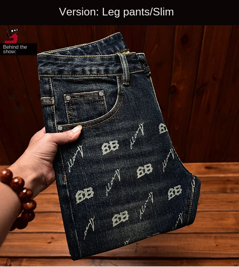 Autumn and winter light luxury printed jeans MEN'S slim fit skinny elastic trend fashionable retro blue denim trove
