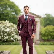 Maroon suit with a striped tie and boutonniere on a white background