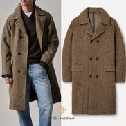 A men's double-breasted overcoat shown in two views: on the left, worn by a model with a dark sweater and light blue jeans, 