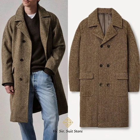 A men's double-breasted overcoat shown in two views: on the left, worn by a model with a dark sweater and light blue jeans, 