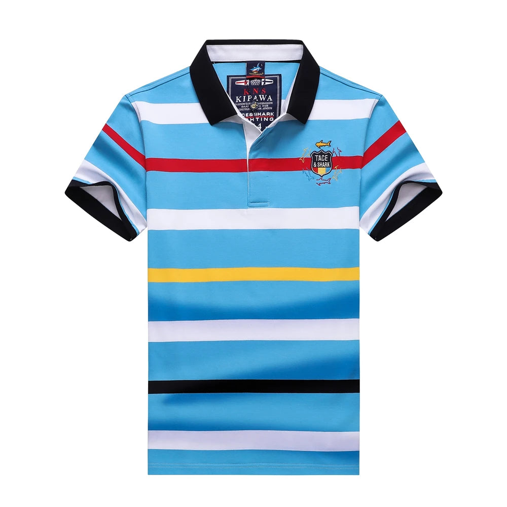 A short-sleeve striped polo shirt in light blue, white, and red, with a yellow horizontal stripe across the chest, black collar and sleeve trim, and a small crest graphic on the left chest.