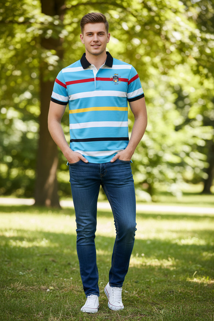 A short-sleeve striped polo shirt in light blue, white, and red, with a yellow horizontal stripe across the chest, black trim on the collar and sleeves, and a small crest graphic on the left chest.