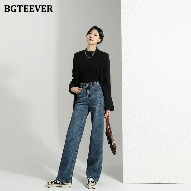 BGTEEVER Vintage Double Buttons Straight Jeans Pants Women Spring Autumn High Waist Loose Pockets Female Wide Leg Denim Trousers