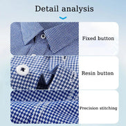 Detail analysis graphic showing three close-up views of a blue and white patterned shirt collar: a fixed button, a resin button, and precision stitching, with text labels on a light blue gradient background.