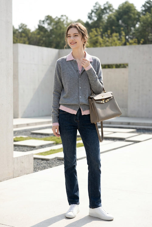 A person taking a mirror selfie wearing a gray button-up cardigan over a light pink top, paired with dark blue jeans