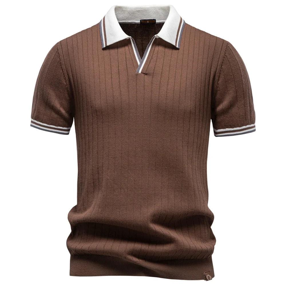 Men's Knitted Polo Shirt Summer Short Sleeve Striped Collar Casual Business Tops Brown With Striped Collar and Cuffs
