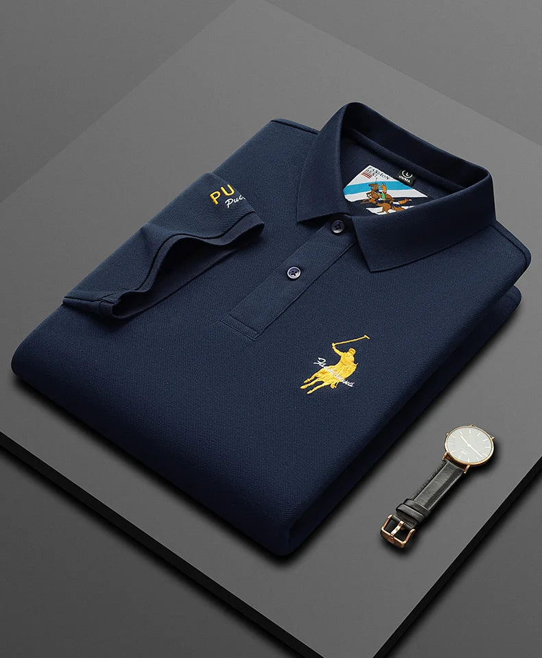 Luxury Embroidery Men's Polo Shirt Summer Thin Breathable 100%Cotton Black Navy Blue Lapel Short-Sleeved Tops Brand Clothing