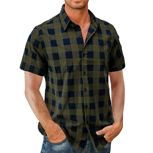 Man wearing a black and green checkered shirt on a white background