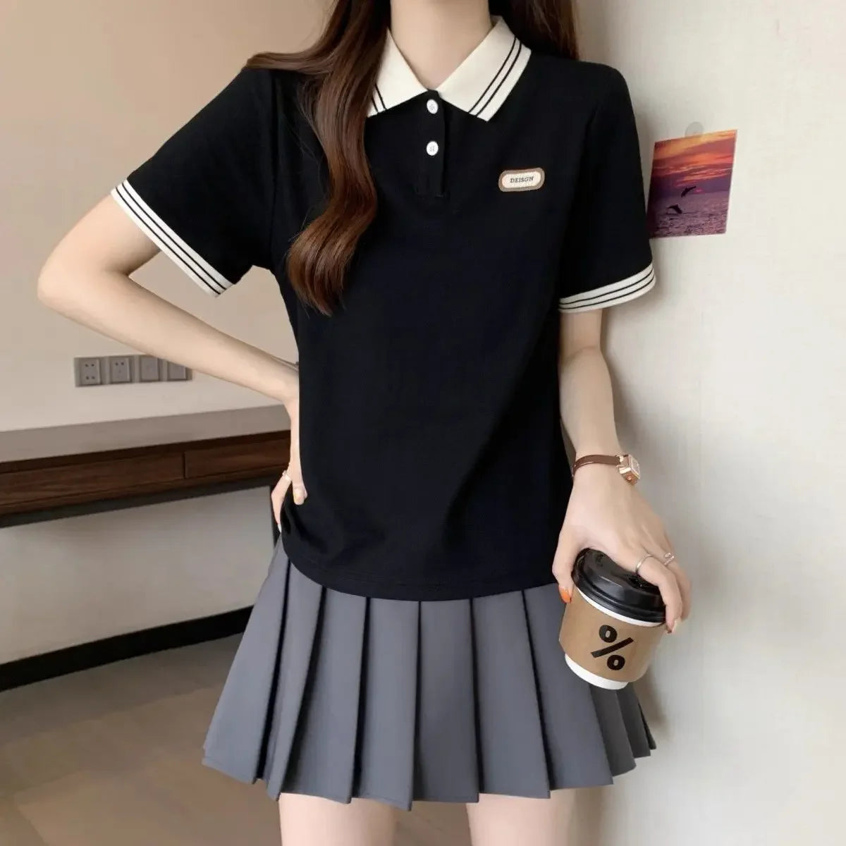 Baggy Female Tee Women's Polo Short Sleeve T-shirt Korean Clothing Youthful Elegant in Trend 2025 Sales Youth Aesthetic T-shirts