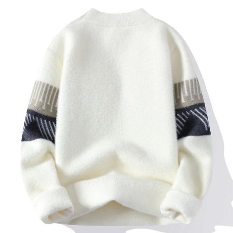 White sweater with patterned sleeves on a white background