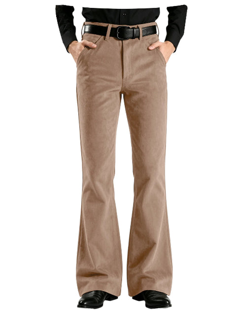 A person wearing tan flared pants with a black belt and black shoes, shown from the waist down against a plain white background.