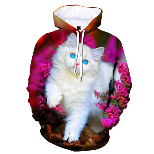 A pullover hoodie featuring a full-body printed graphic of a fluffy white cat with bright blue eyes sitting among pink flowers, shown on a plain white background.