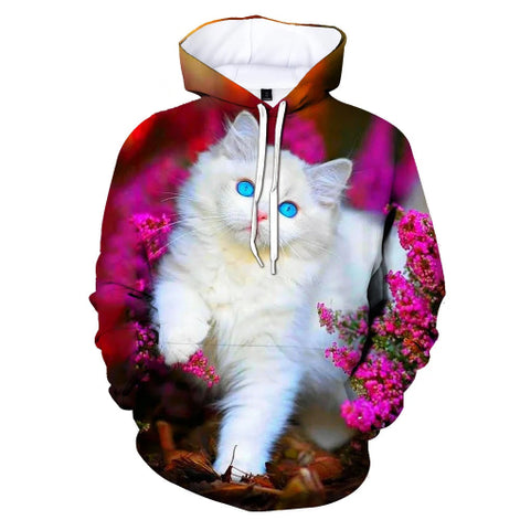 A pullover hoodie featuring a full-body printed graphic of a fluffy white cat with bright blue eyes sitting among pink flowers, shown on a plain white background.
