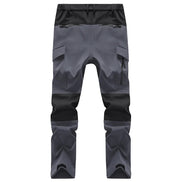 Black and gray cargo pants shown flat from the back.