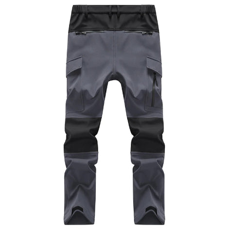 Black and gray cargo pants shown flat from the back.
