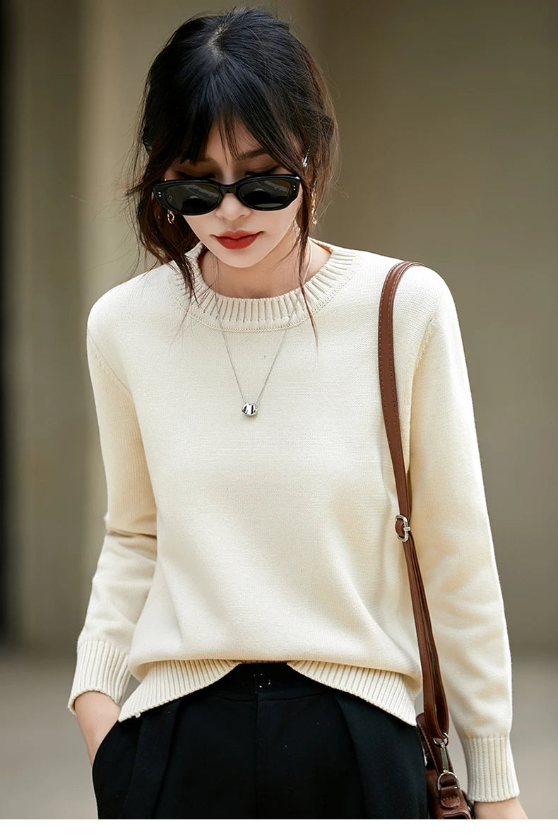 Women's autumn and winter 100% pure cotton knitted round neck soft pullover casual solid color warm sweater fashionable hot sell