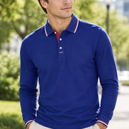 A royal blue long-sleeve polo shirt with a red and white striped collar and matching striped placket details, 