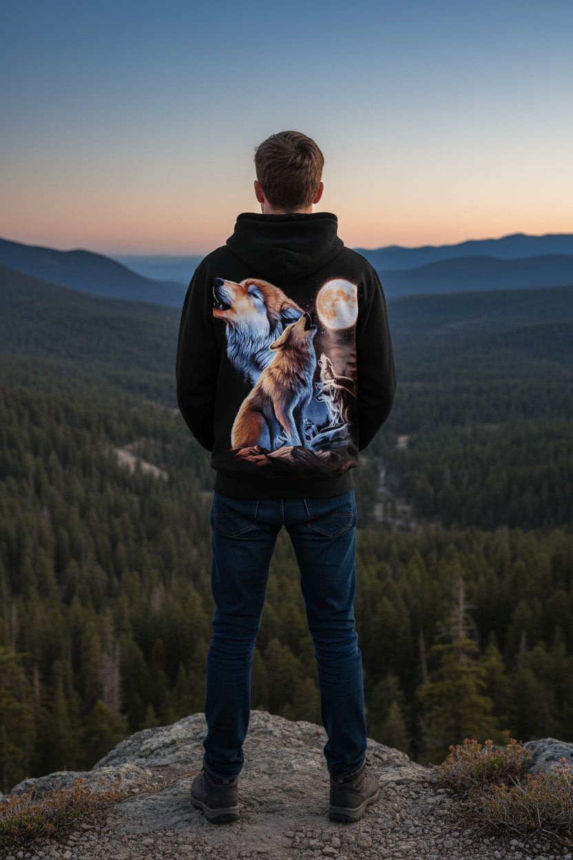 Hoodie with a design of wolves howling at the moon on a black background
